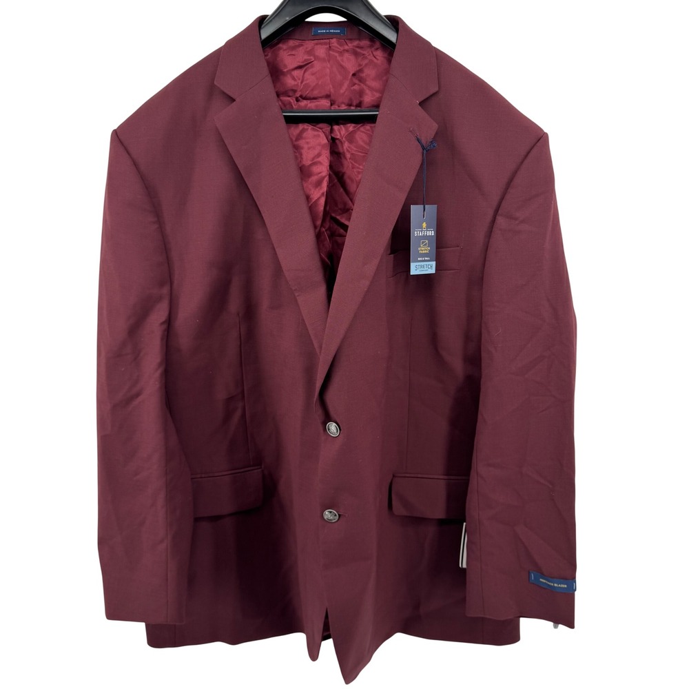 Stafford Hopsack Blazer Mens 54 Regular Burgundy Big and Tall Stretch Wool Blend